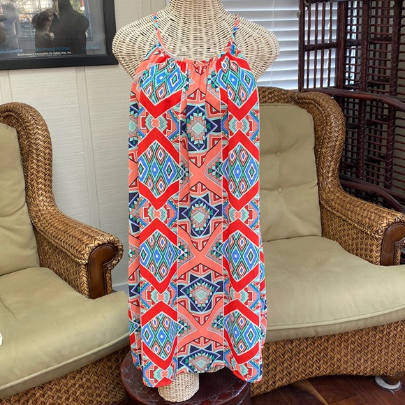 Silky lined southwest Aztec print style mini dress Size M - Picture 1 of 9